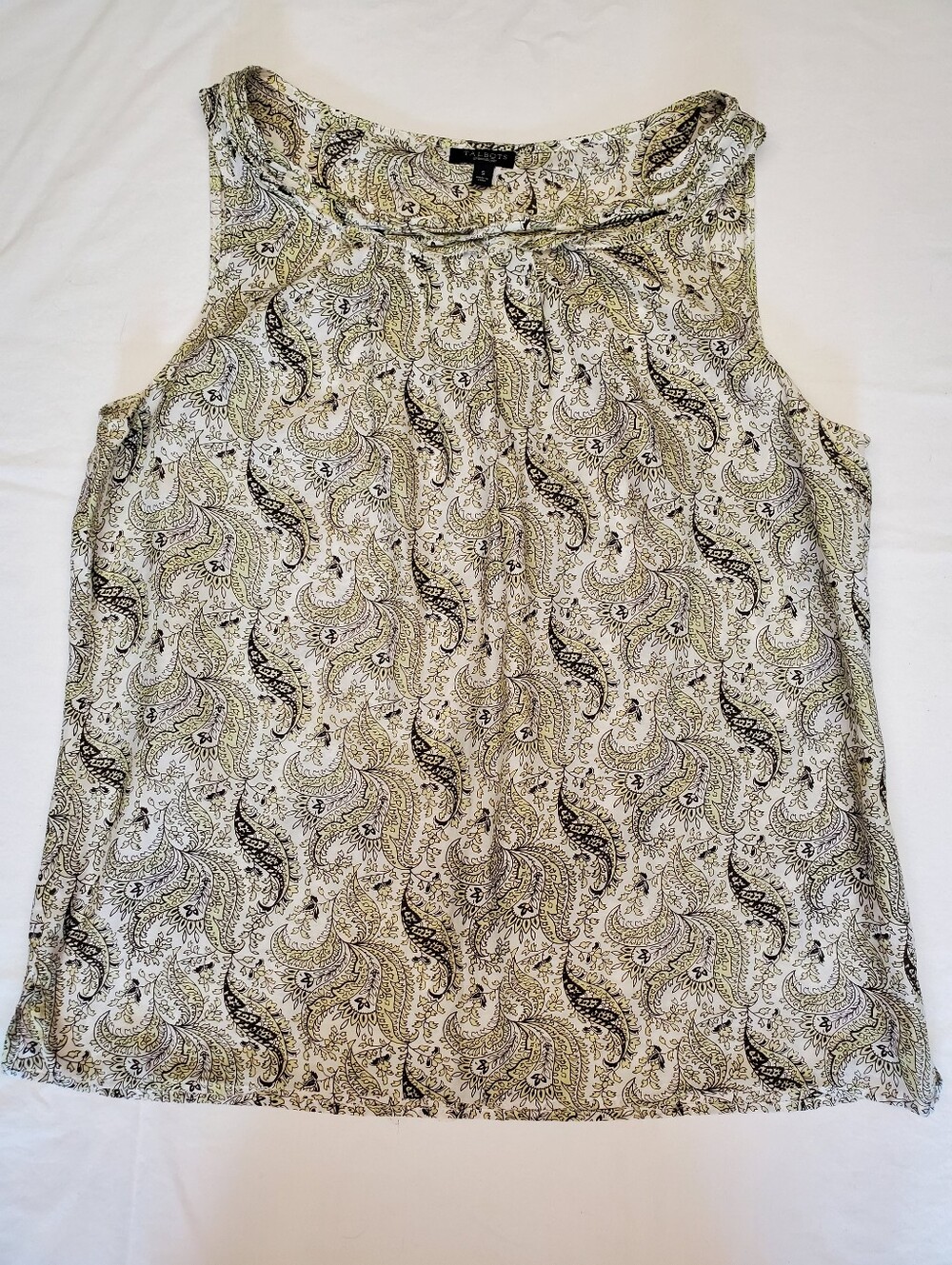 Talbots Silk Cotton Paisley Shell Top S Sleeveless Ruffle Neck Green Ivory